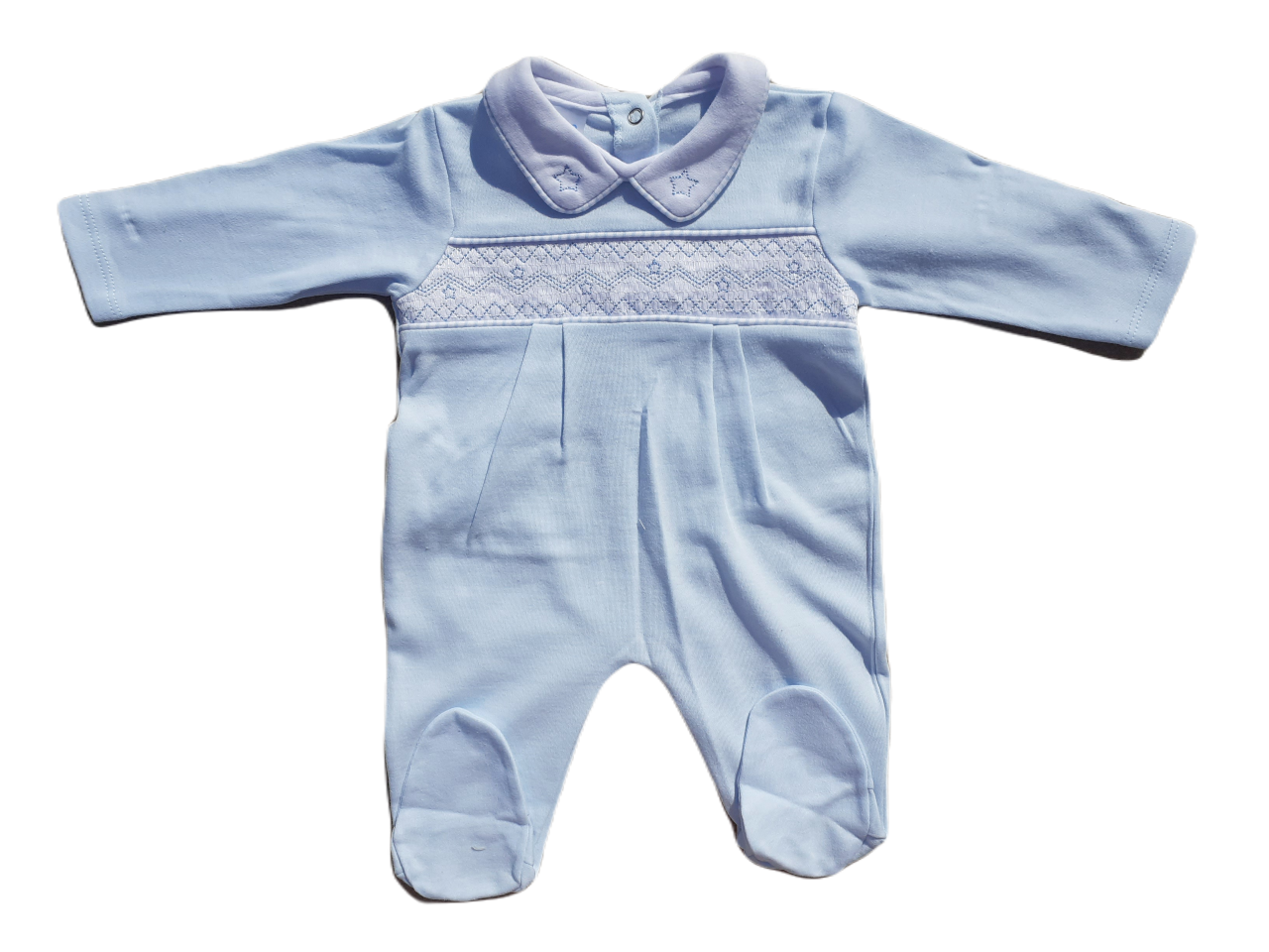 A blue smocked babygrow with star motifs and a snap closure at the top.