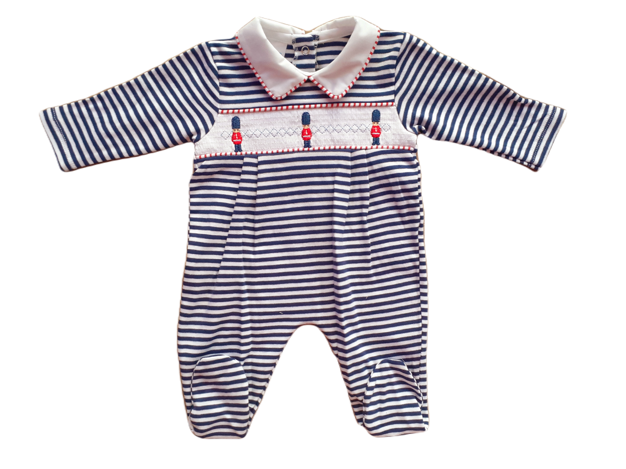 A blue and white striped baby one-piece with smocked panel and little soldier motifs.