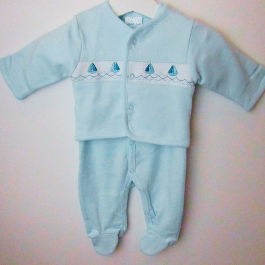 Baby jacket and sleepsuit in blue with Boat design