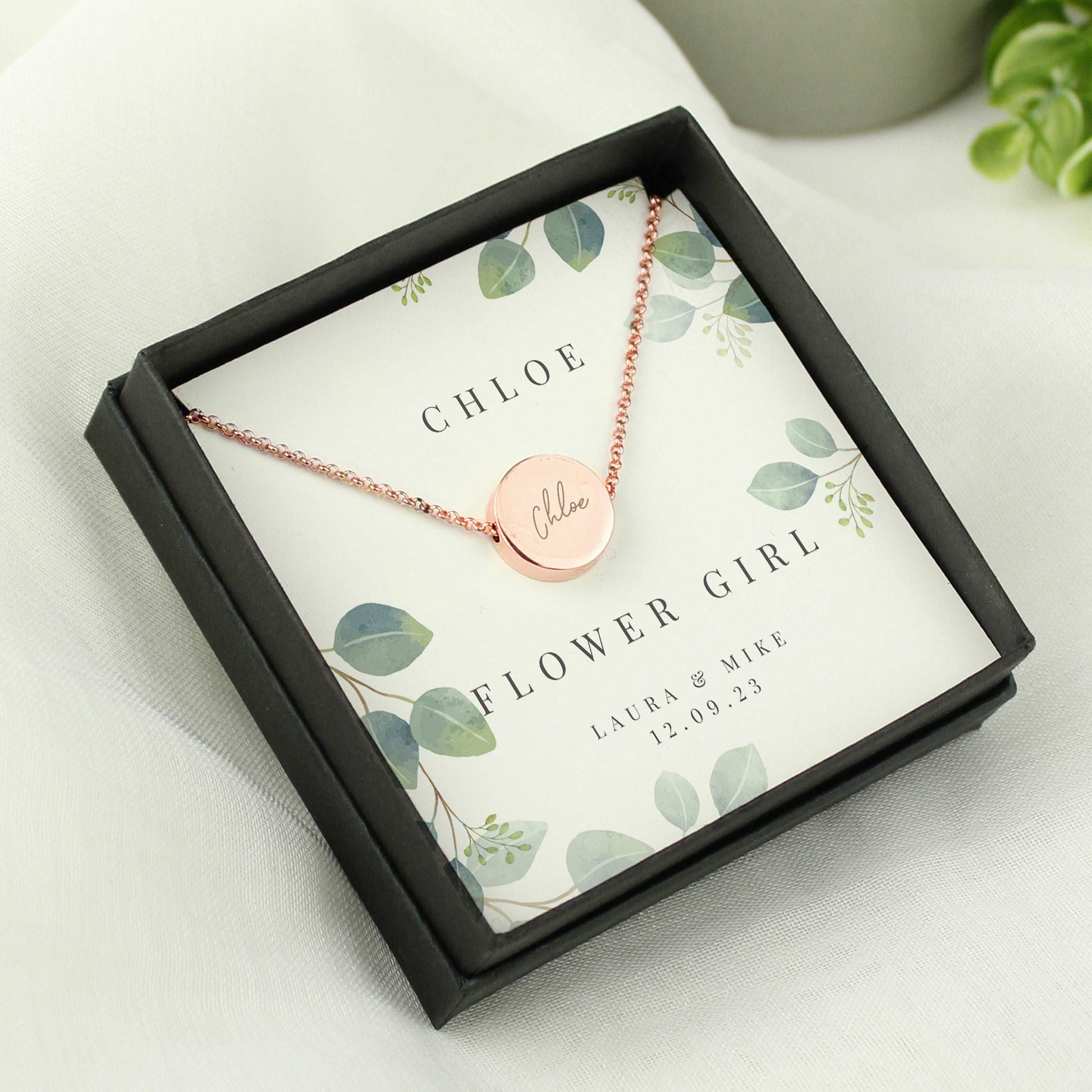 Personalised Botanical Sentiment Rose Gold Tone Necklace and Box