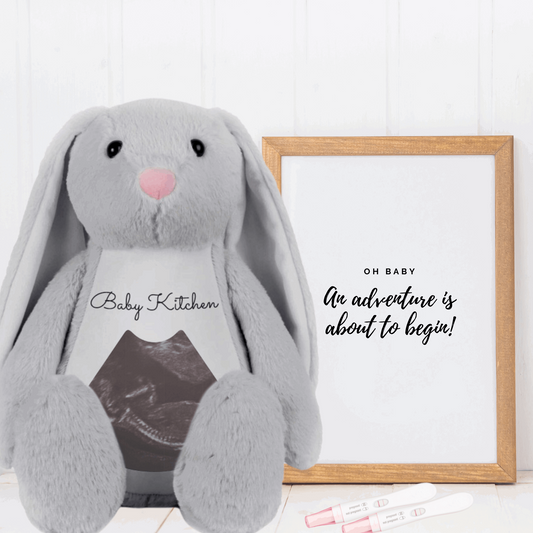 Grey plush bunny printed with baby scan image and name seated next to a frame and pregnancy test By Sweetlea Gifts