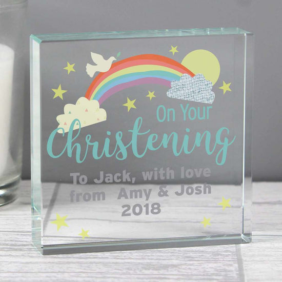 Personalised christening gift, acrylic standing block with rainbow