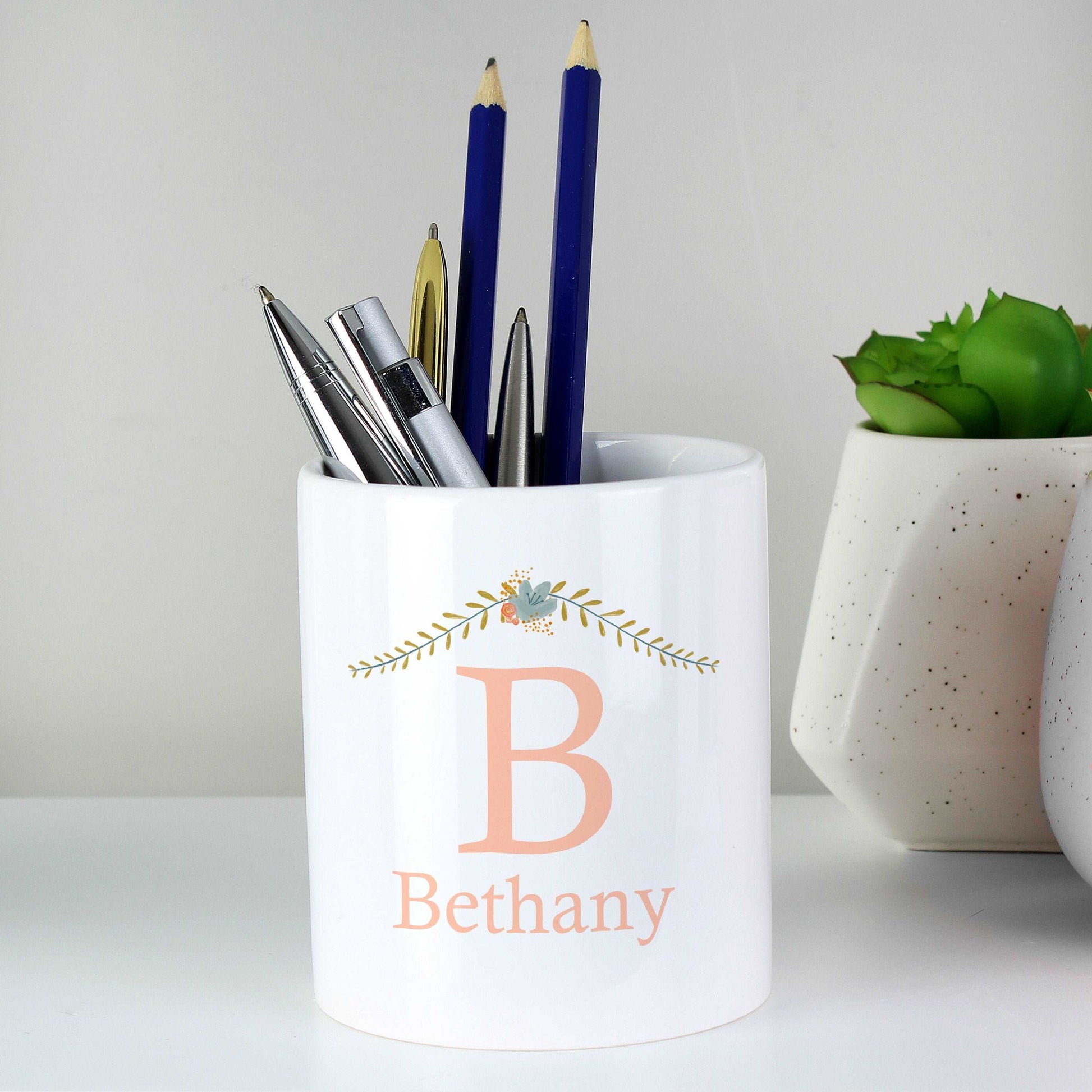 Personalised Floral design stationary holder ceramic pot By Sweetlea Gifts