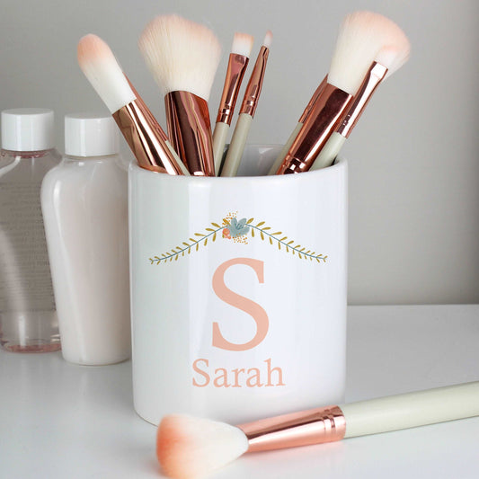 Personalised Floral design Makeup brush holder ceramic pot By Sweetlea Gifts