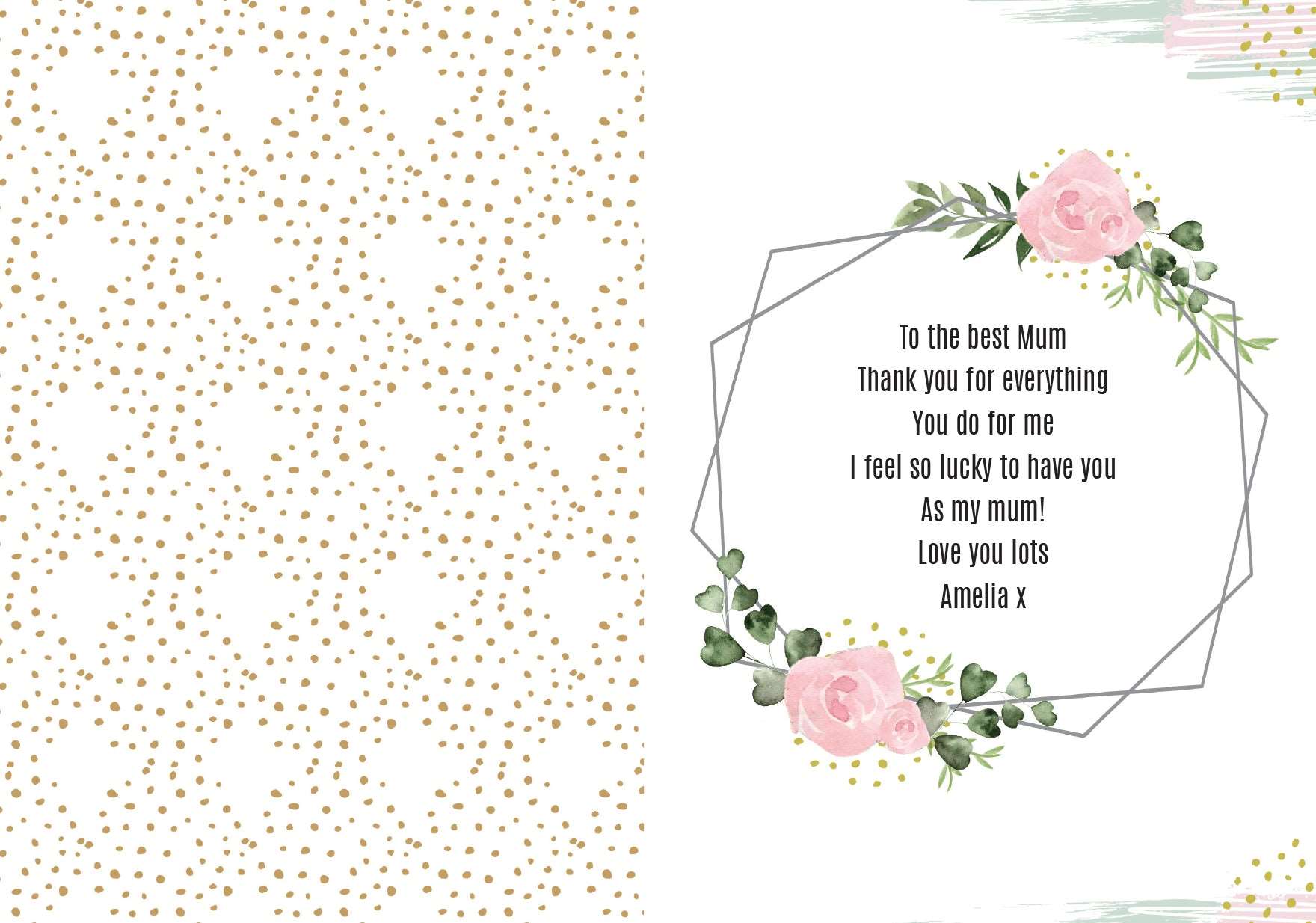 Inside of personalised floral mother's day card with own text By Sweetlea Gifts