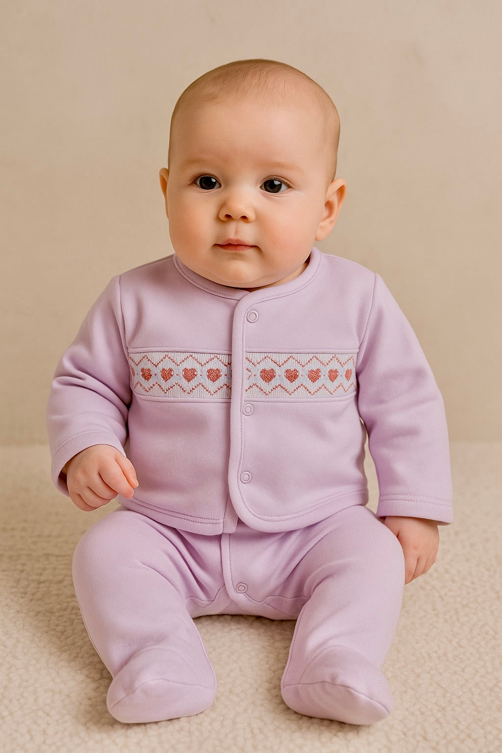 Baby girl in pink 2 piece smocked baby grow set