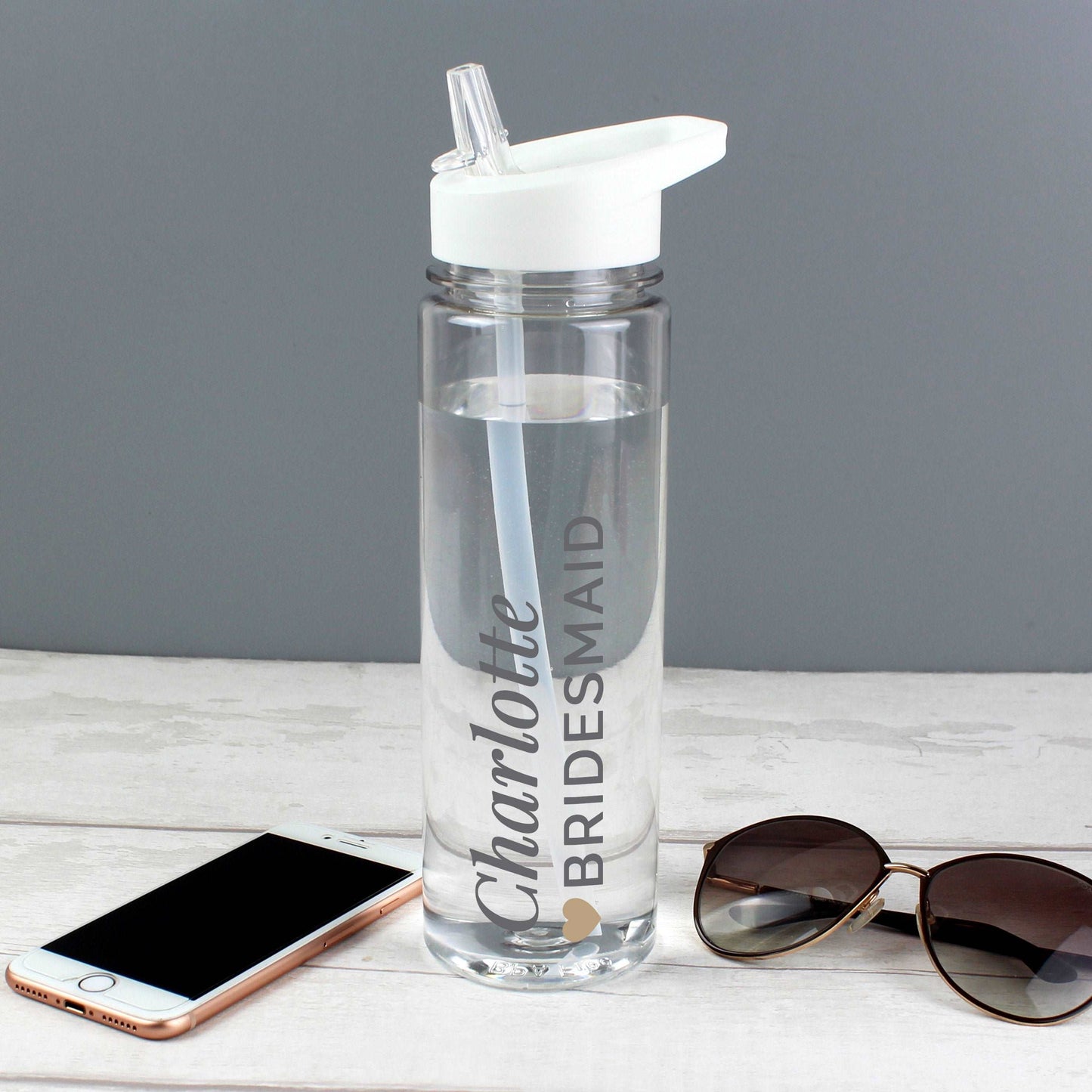 personalised plastic water bottle displaying name and bridesmaid By Sweetlea Gifts