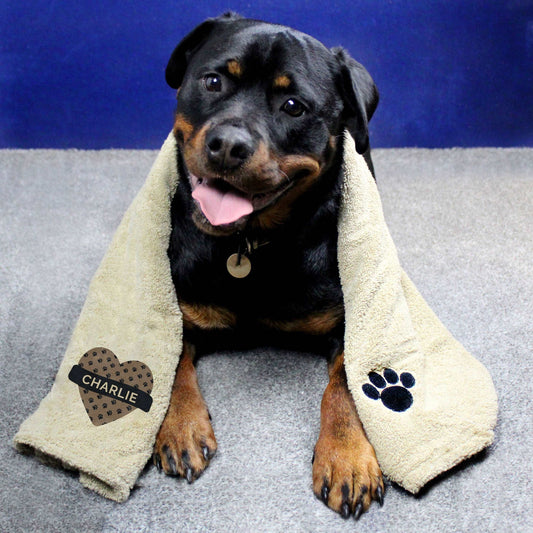 Rottweiler dog with Personalised Heart and paw print Microfiber dog towel By Sweetlea Gifts