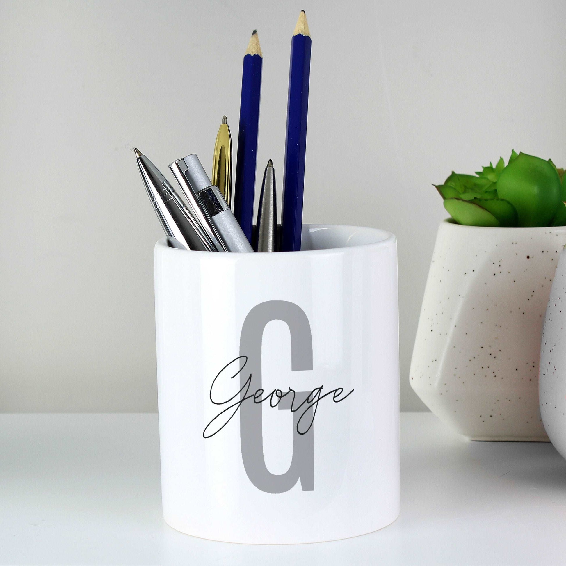 Initial and name personalised ceramic pen storage pot By Sweetlea Gifts