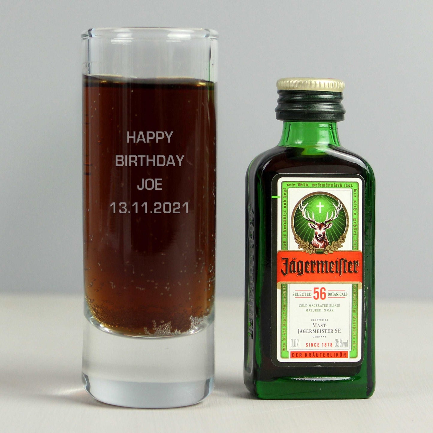 Engraved shot glass and mini bottle of Jägermeister gift set