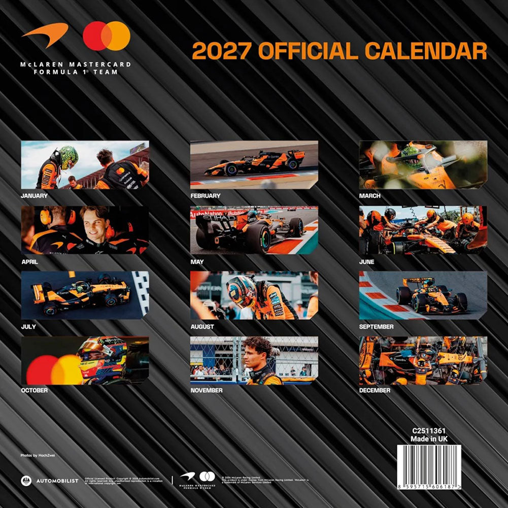 Back cover of the 2027 McLaren M1 Racing Official Calendar, featuring a black diagonal-striped background with the McLaren and Mastercard branding at the top, monthly photo panels of race cars and drivers across the center, and a barcode with product code C2251841 at the bottom right.