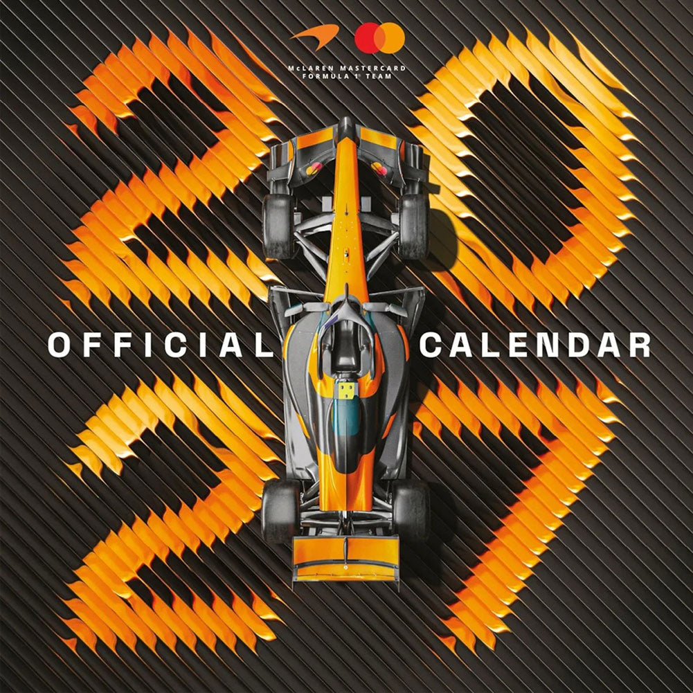 Official 2027 calendar cover featuring a top-down view of a McLaren Mercedes Formula 1 car centered over large stylized orange and yellow numbers on a dark textured background.
