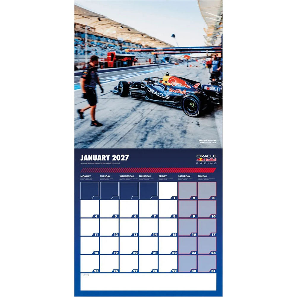 A January 2027 Oracle Red Bull Racing calendar page featuring a race track photograph at the top and a blue monthly calendar grid at the bottom.