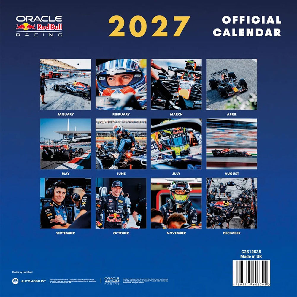 Back cover of the Oracle Red Bull Racing 2027 Official Calendar, featuring a dark blue background with the Oracle and Red Bull Racing logos at the top, large yellow '2027' text, and a grid of twelve monthly race photos with month labels.