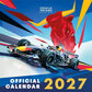 Official Oracle Red Bull Racing 2027 calendar cover featuring a stylized Red Bull Formula 1 car and a large red bull head graphic on a dynamic blue, red, yellow, and white abstract background.