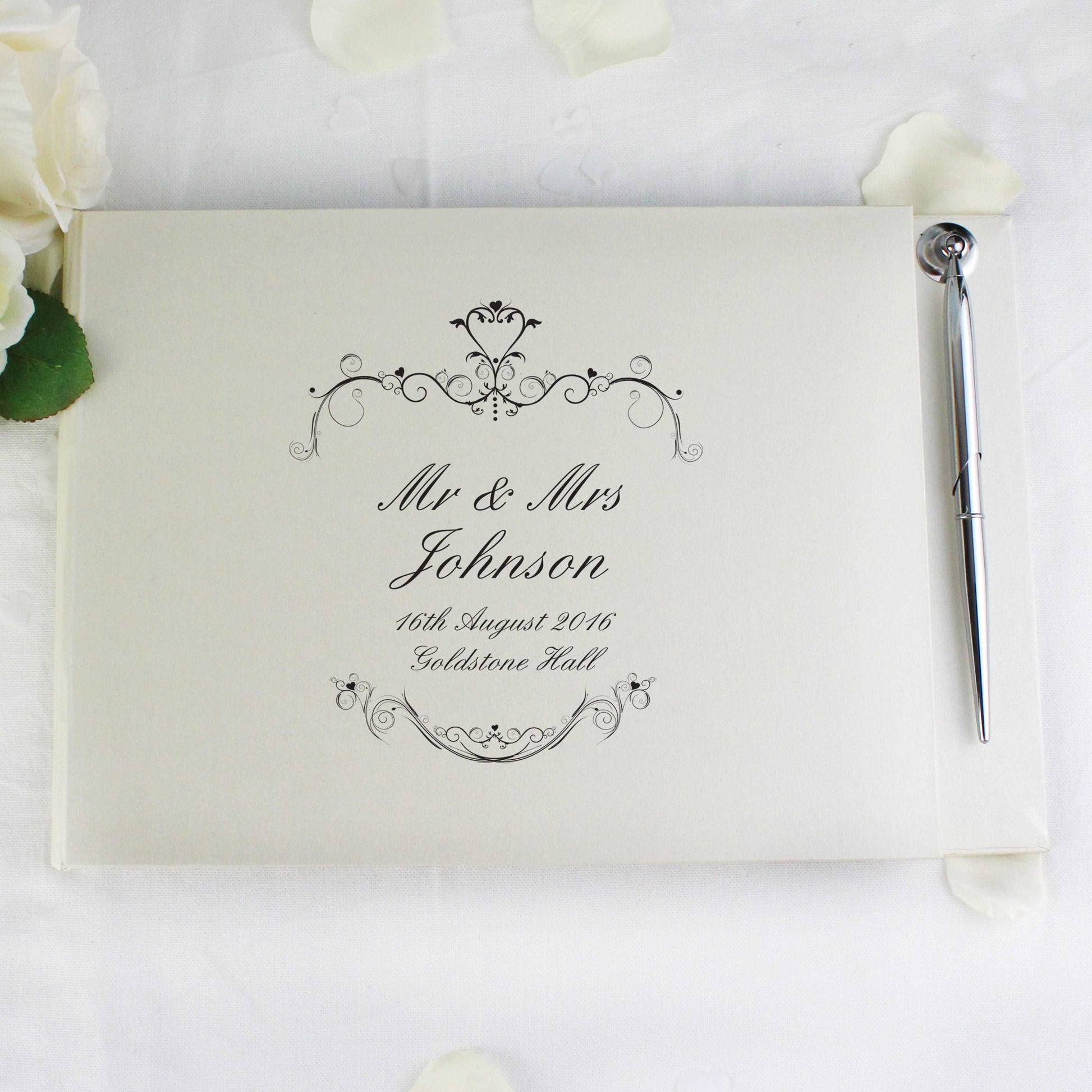 Personalised wedding Ornate Swirl Hardback Guest Book & Pen