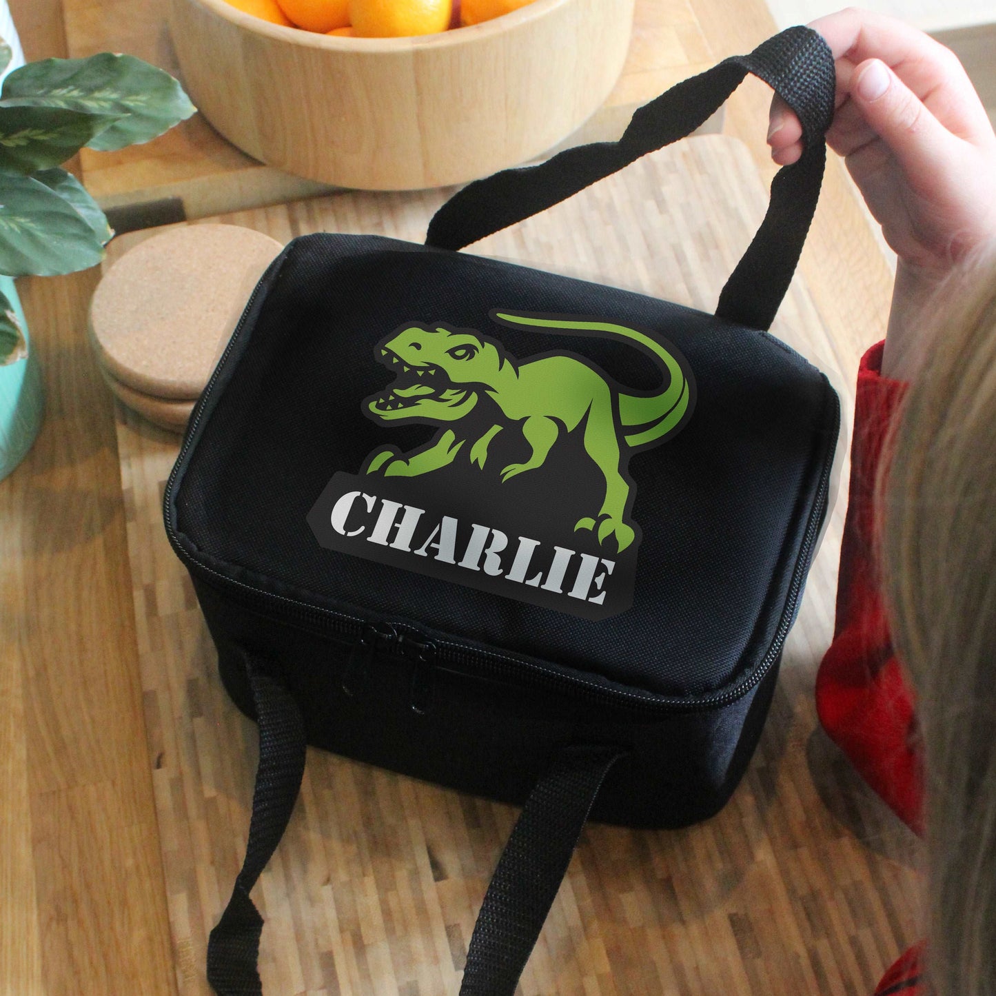 Dinosaur Black Lunch Bag Personalised