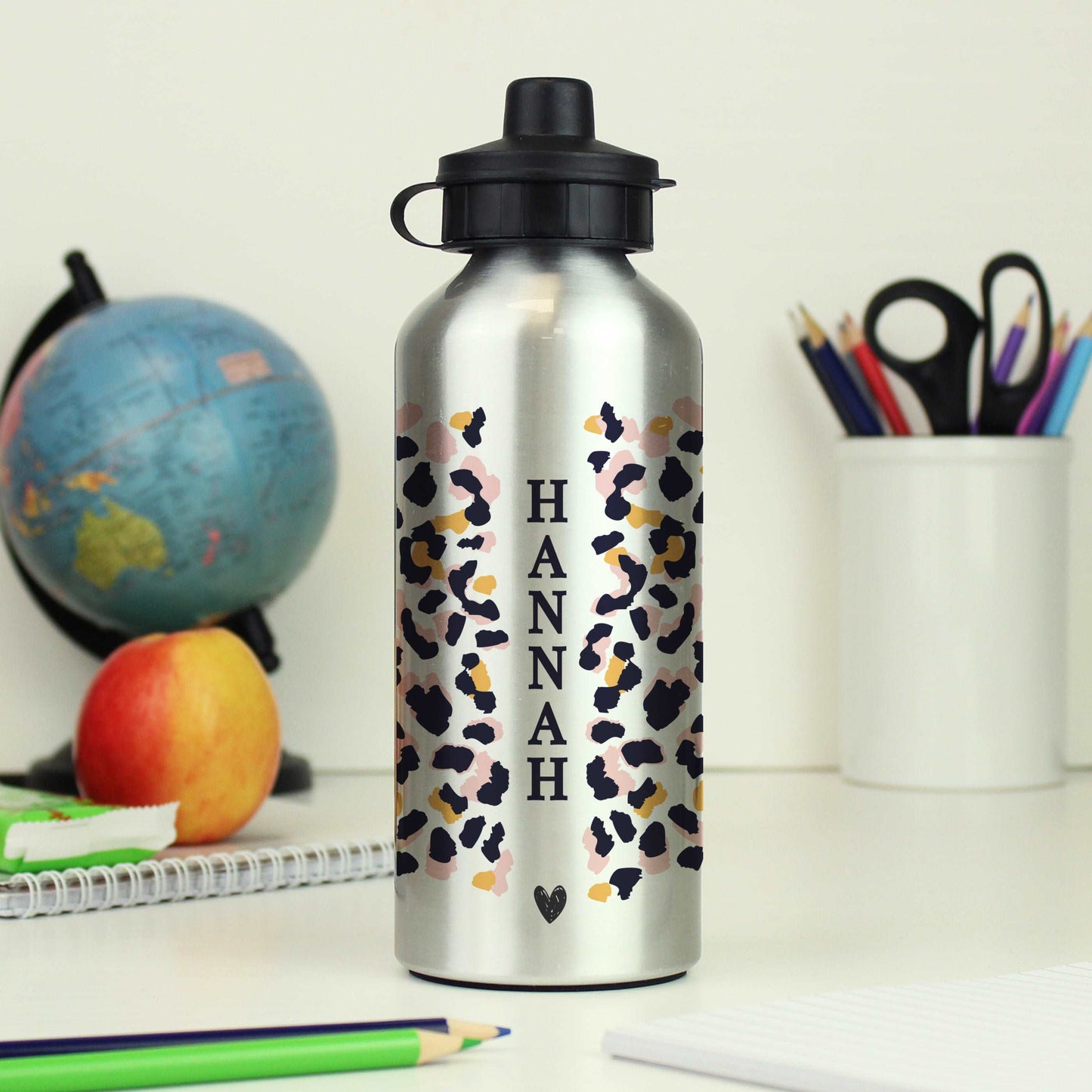 Leopard Print Silver Drinks Bottle Personalised