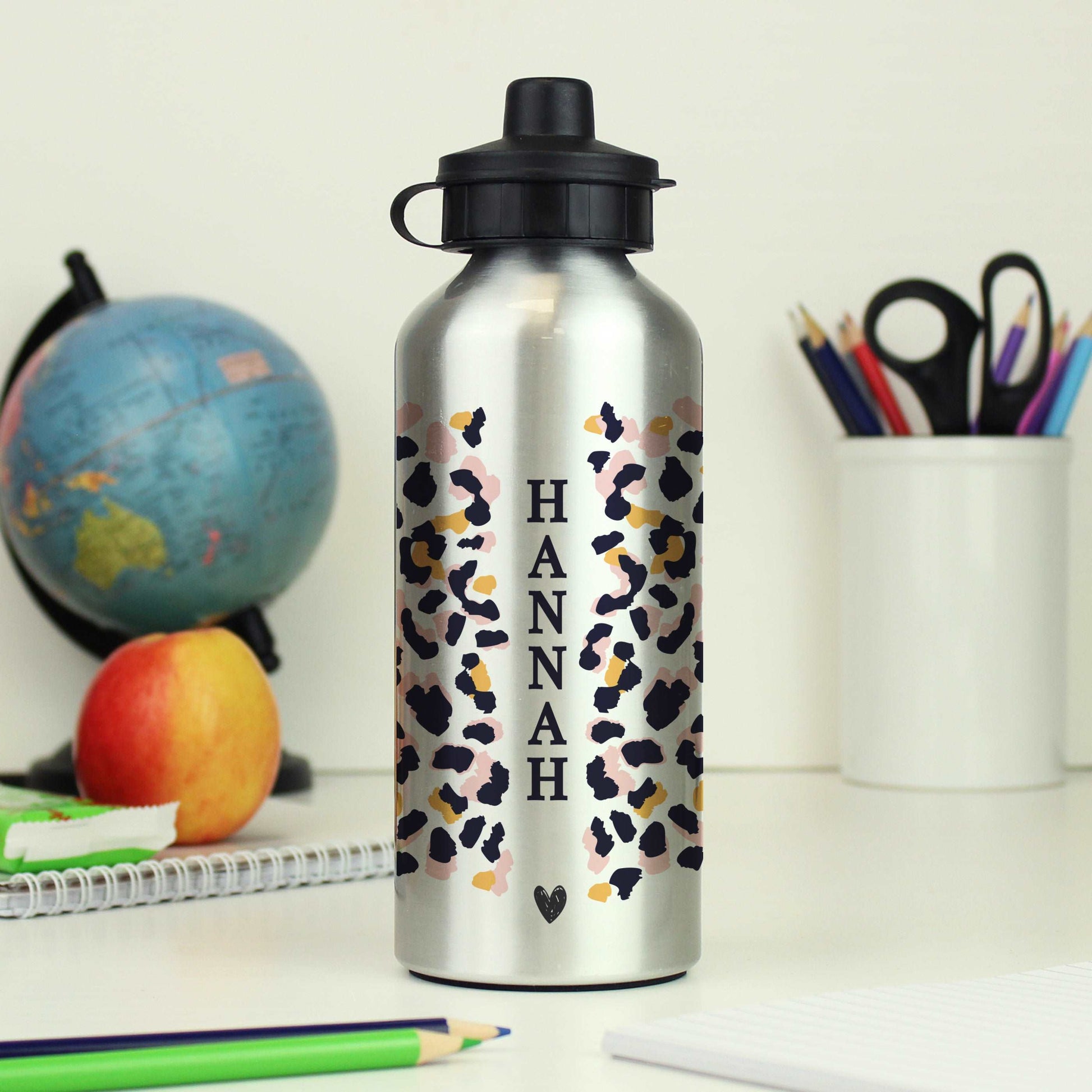 Leopard Print Silver Drinks Bottle Personalised