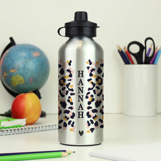 Leopard Print Silver Drinks Bottle Personalised