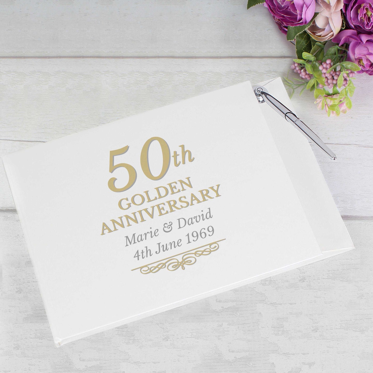 white 50th Golden anniversary personalised Guest book with pen  By Sweetlea Gifts