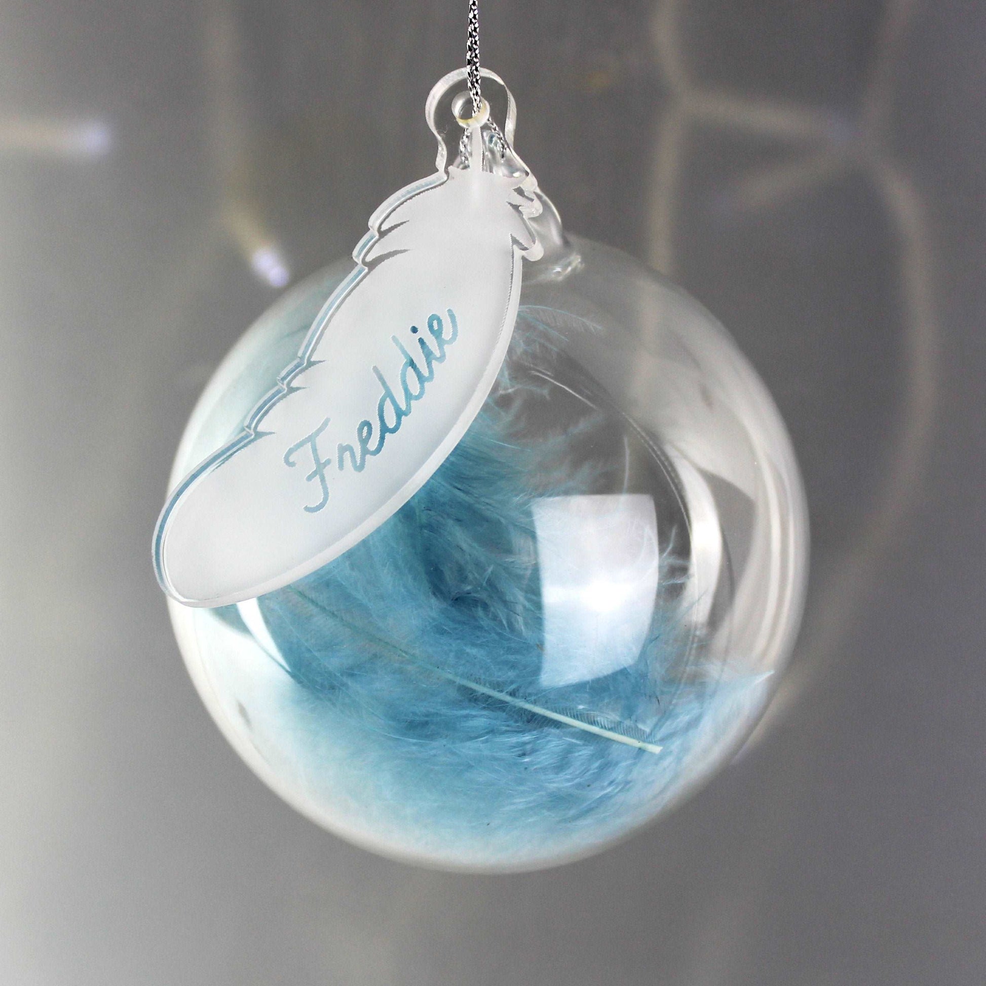 Personalised Blue Feather Glass Bauble-Personalised Gift By Sweetlea Gifts