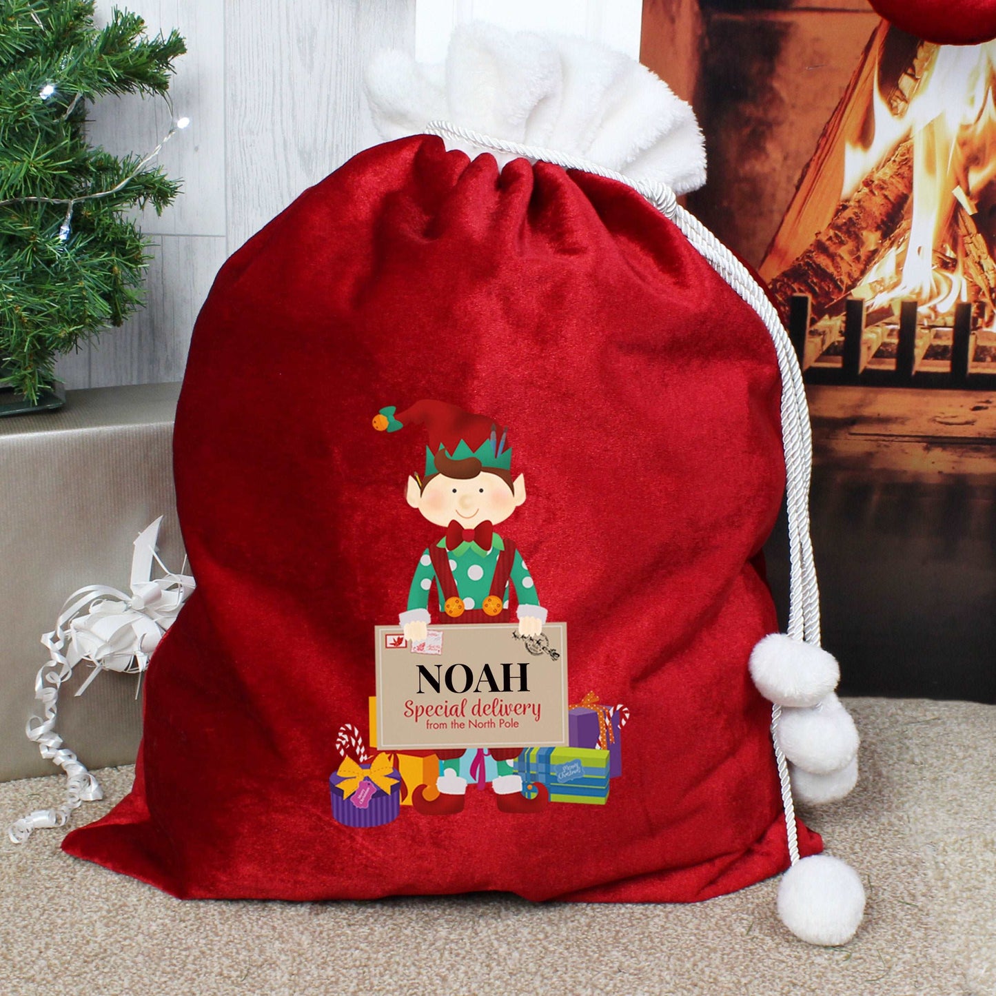 Personalised Christmas Elf Luxury Pom Pom Red Sack By Sweetlea Gifts