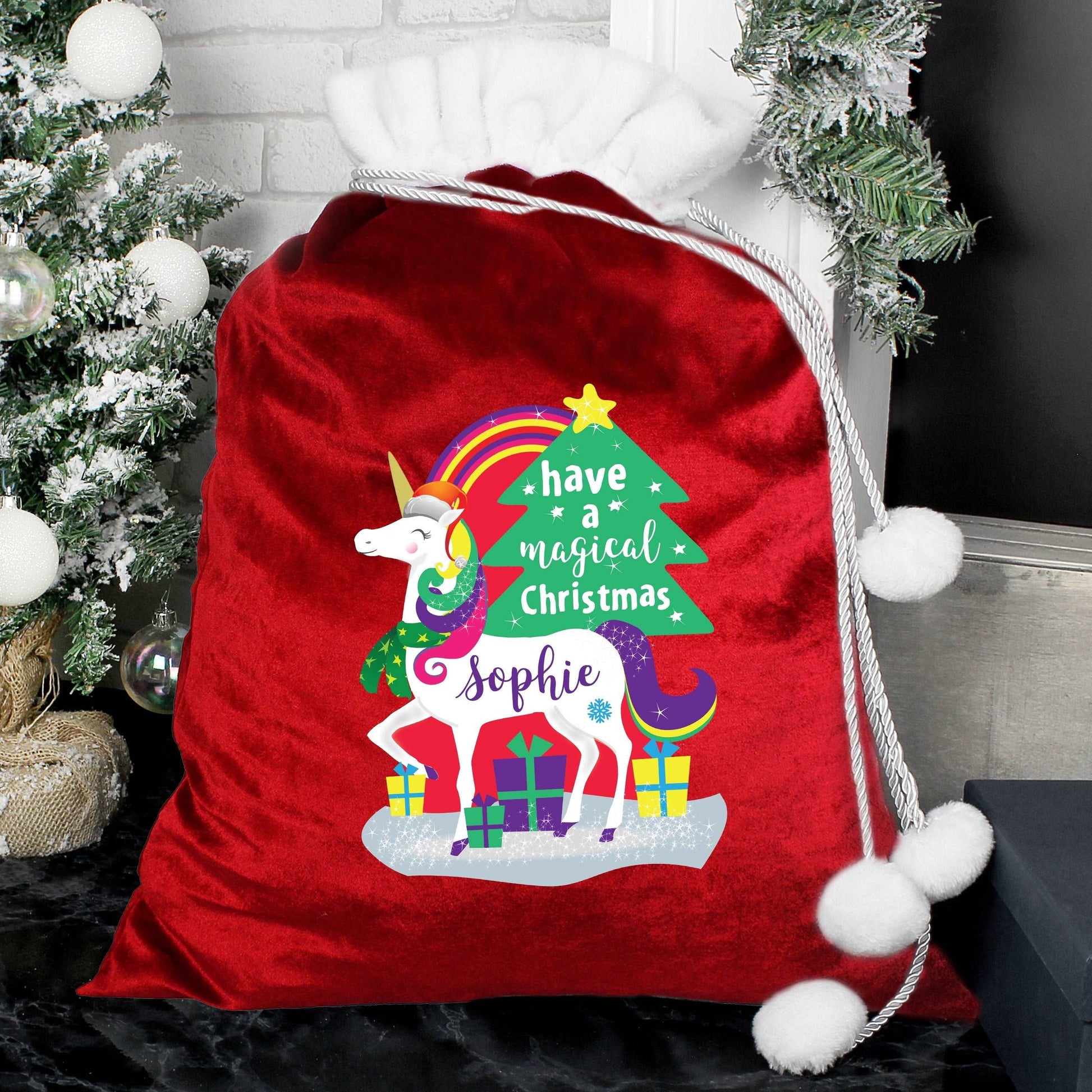 Personalised Christmas Unicorn Luxury Pom Pom Red Sack By Sweetlea Gifts