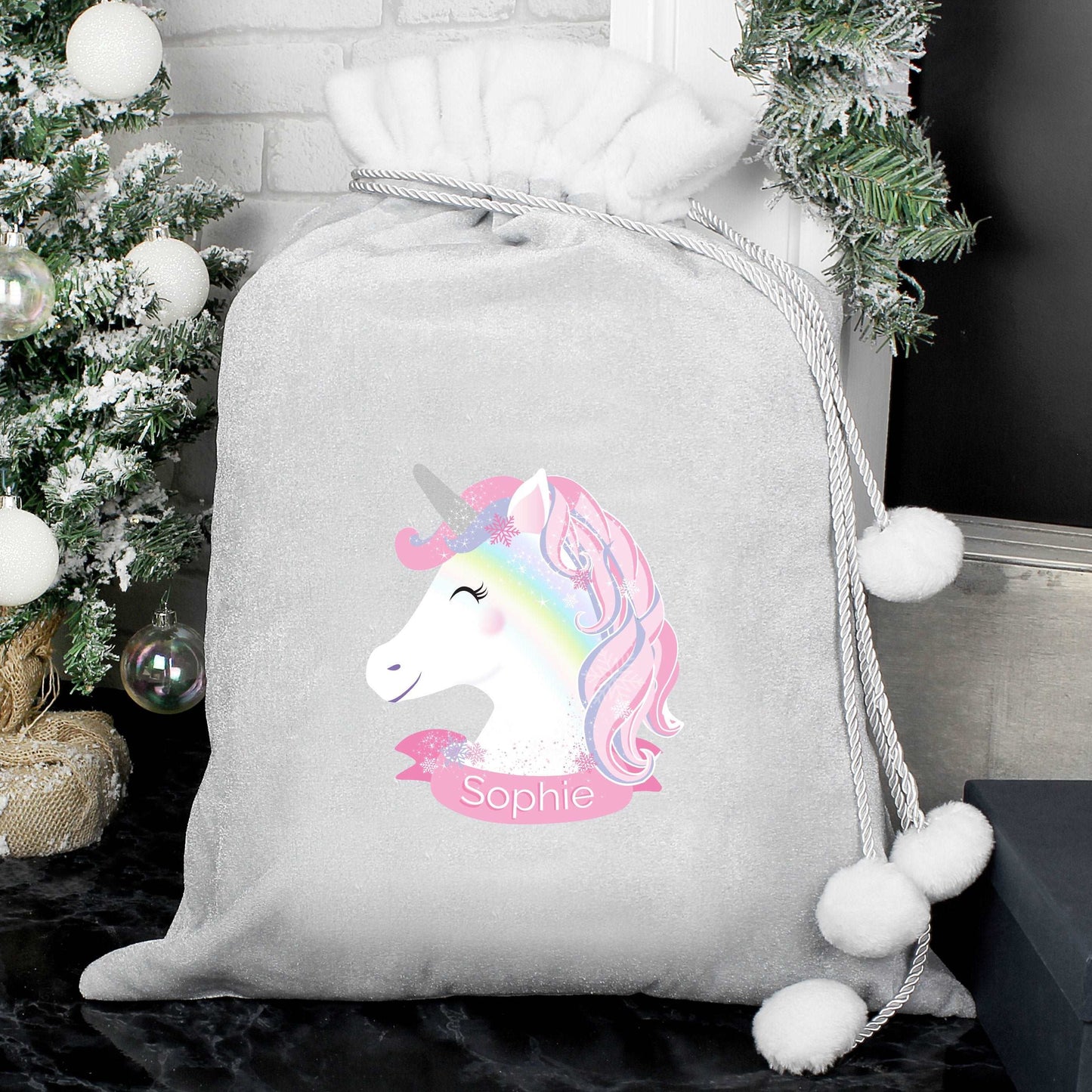 Personalised Christmas Unicorn Luxury Silver Grey Pom Pom Sack By Sweetlea Gifts