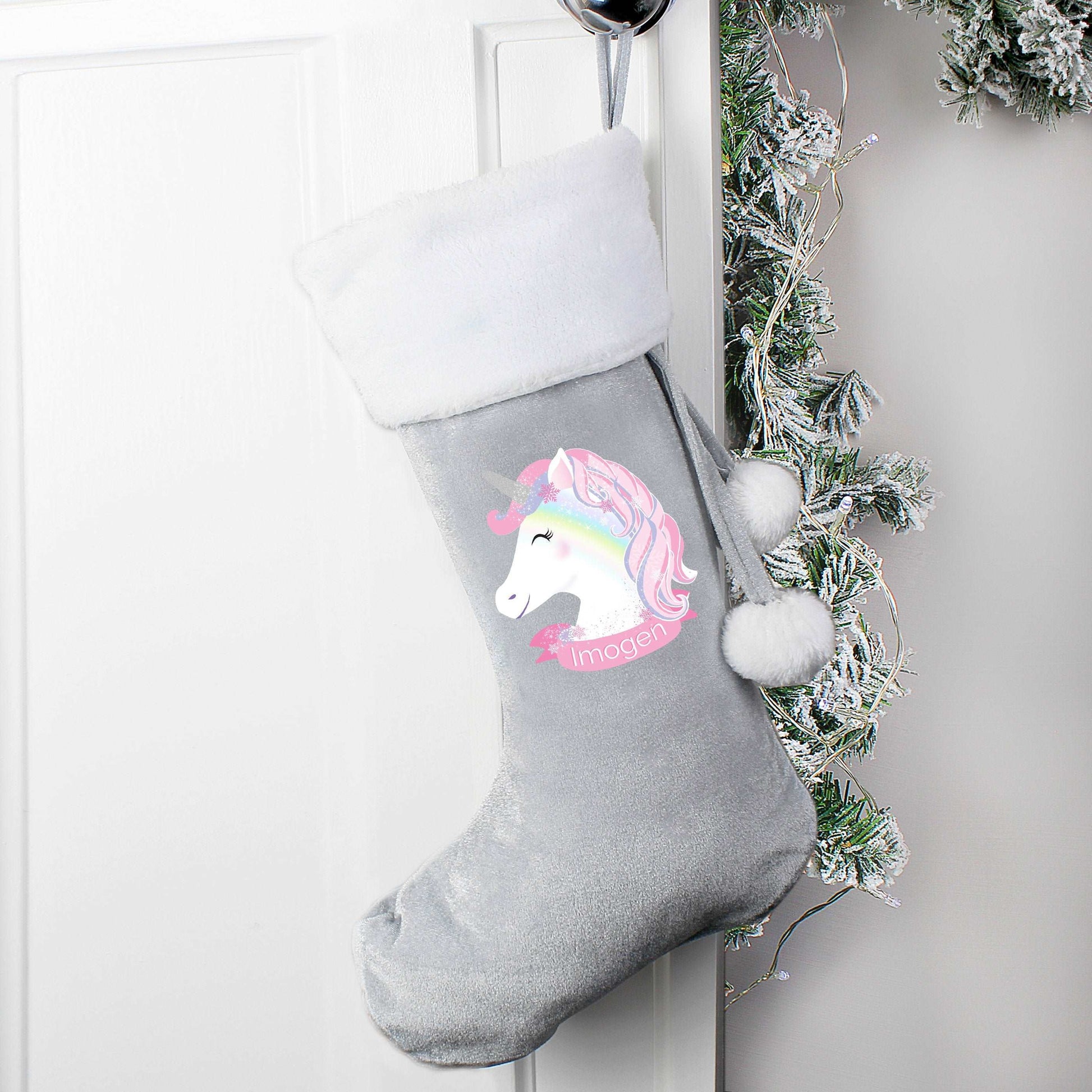 Personalised Christmas Unicorn Luxury Silver Grey Stocking By Sweetlea Gifts