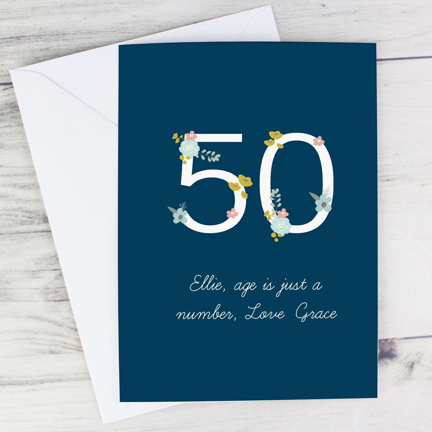 Dark blue Personalised birthday card with age in white with floral detail By Sweetlea Gifts