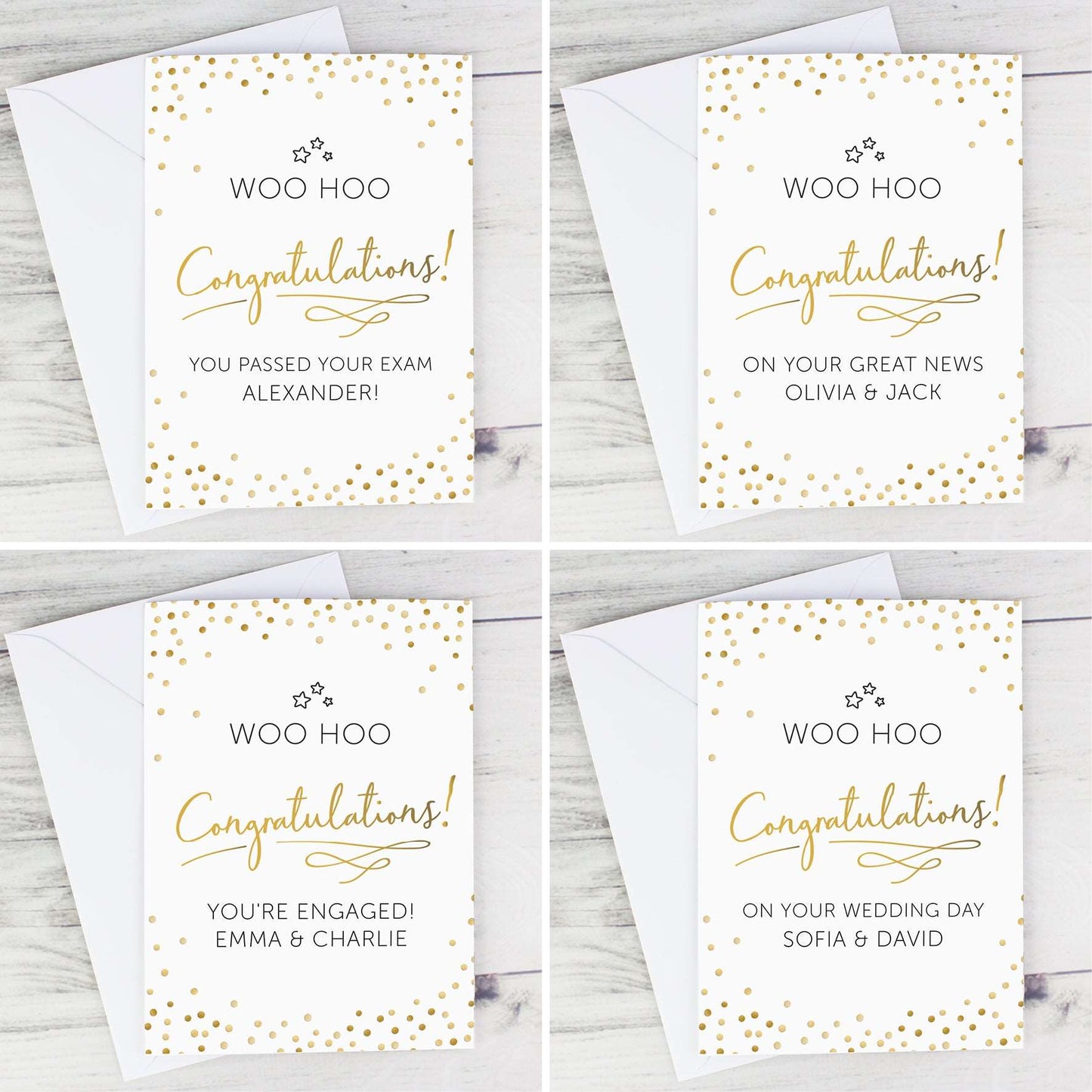 four different designs of Personalised Congratulations card By Sweetlea Gifts
