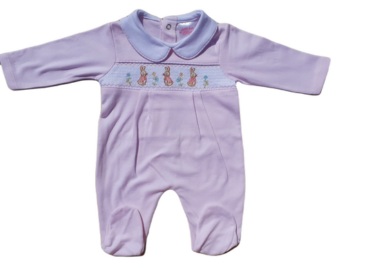 Pink collared babygrow with smocked bunny design