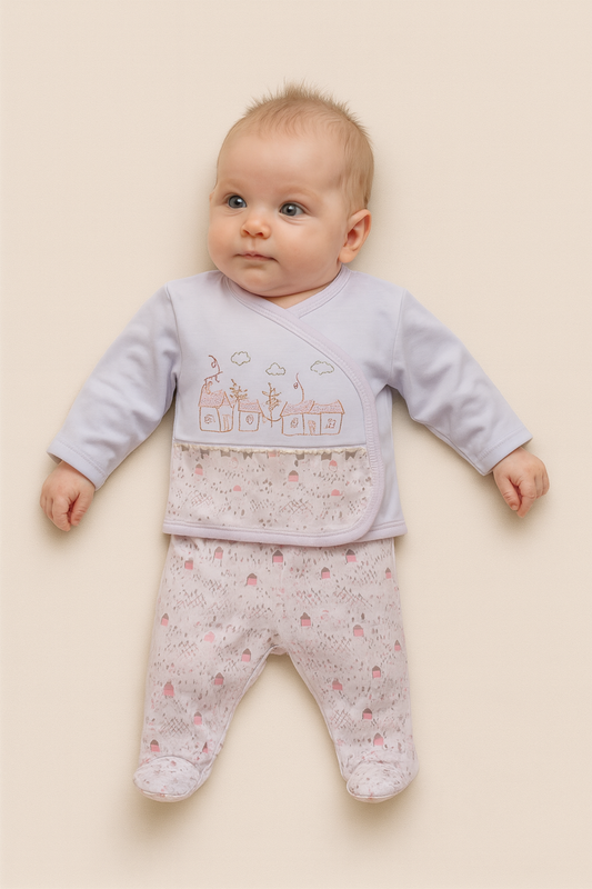 Baby wearing a light pink and white outfit with a pattern on a beige background