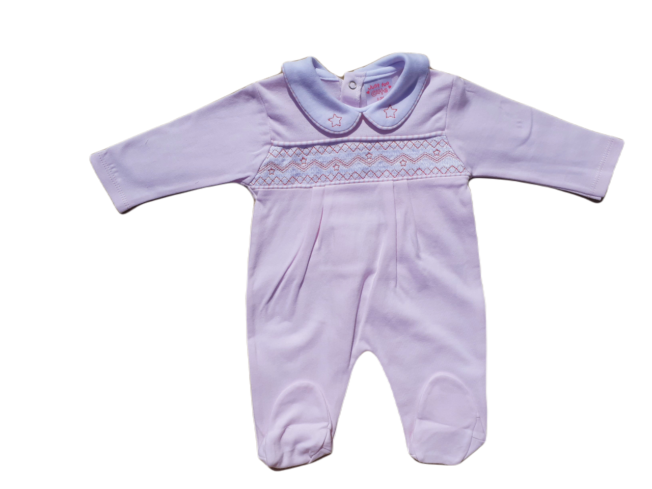 A pink smocked babygrow with a star pattern and a white trim on the collar.