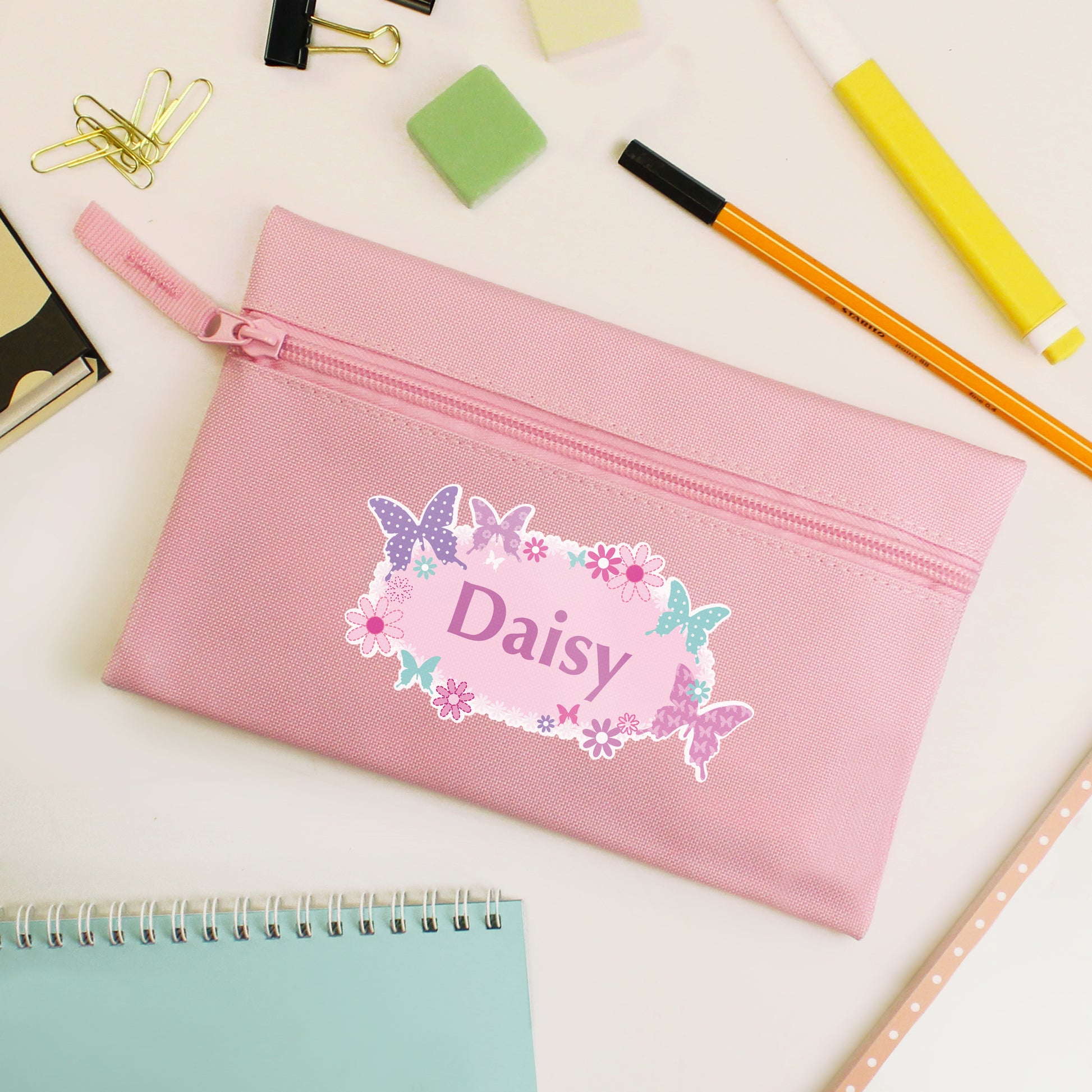 Pink personalised butterfly pencil case