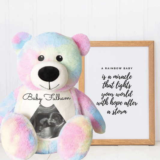 Hello Bear Rainbow Baby scan photo bear, with personalised gift bag