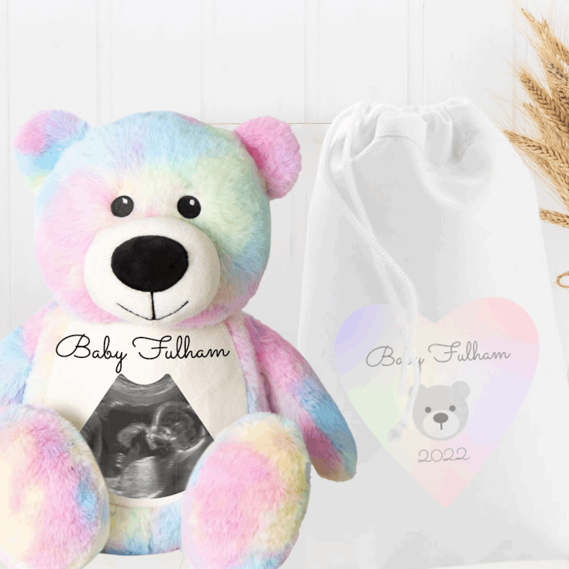 Hello Bear Rainbow Baby scan photo bear, with personalised gift bag