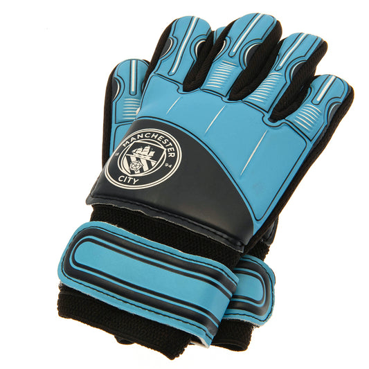 Blue delta design goalkeeper gloves featuring the City crest in white