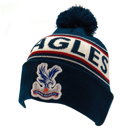 Navy blue and white cuff knit beanie bobble hat with red stripe detail