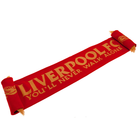Red jacquard knit scarf with gold detail and fringe 