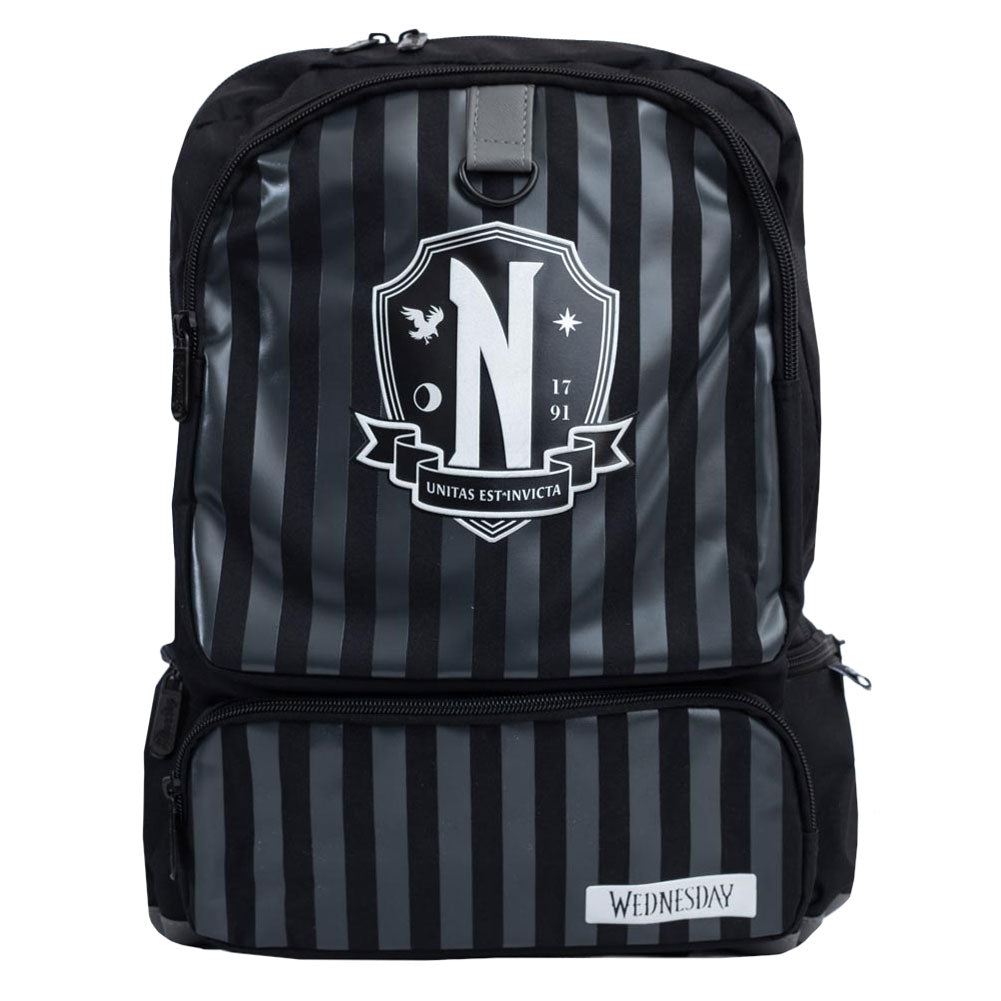 Black premium design back pack with silver Nevermore Academy and Wednesday logos 