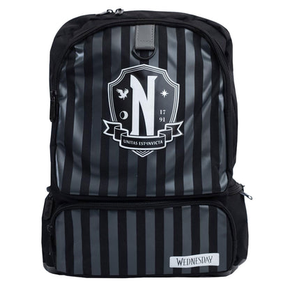 Black premium design back pack with silver Nevermore Academy and Wednesday logos 