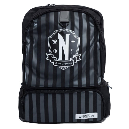 Black premium design back pack with silver Nevermore Academy and Wednesday logos 