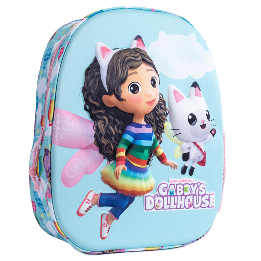 Vibrant pastel coloured 3D backpack featuring Gaby and Pandy Paws on the front with a repeat pattern on reverse, Main compartment has a large zipped opening for easy access