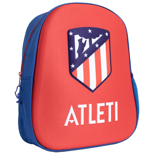Blue and red 3D backpack featuring a full colour Atletico Madrid club crest on the front, Main compartment has a large double zipped opening for easy access 