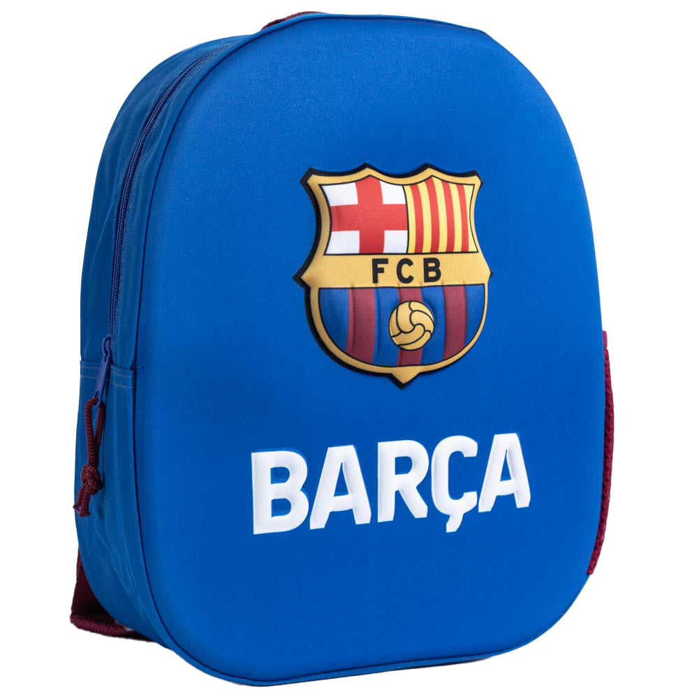 Blue 3D backpack with red trim, featuring a full colour FCB crest on the front with BARCA text underneath, Main compartment has a large double zipped opening for easy access 