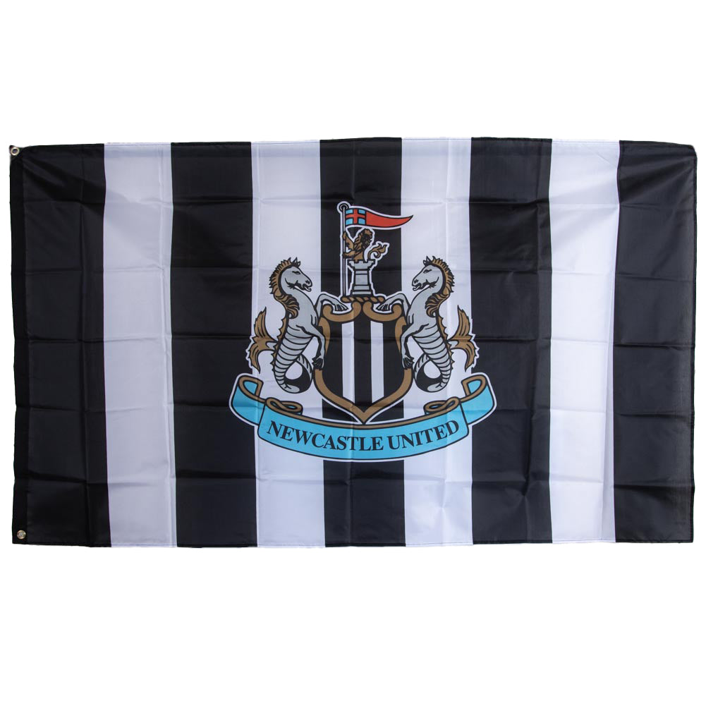 Large 100% polyester supporters flag, Classic black and white striped design with a central full colour club crest 