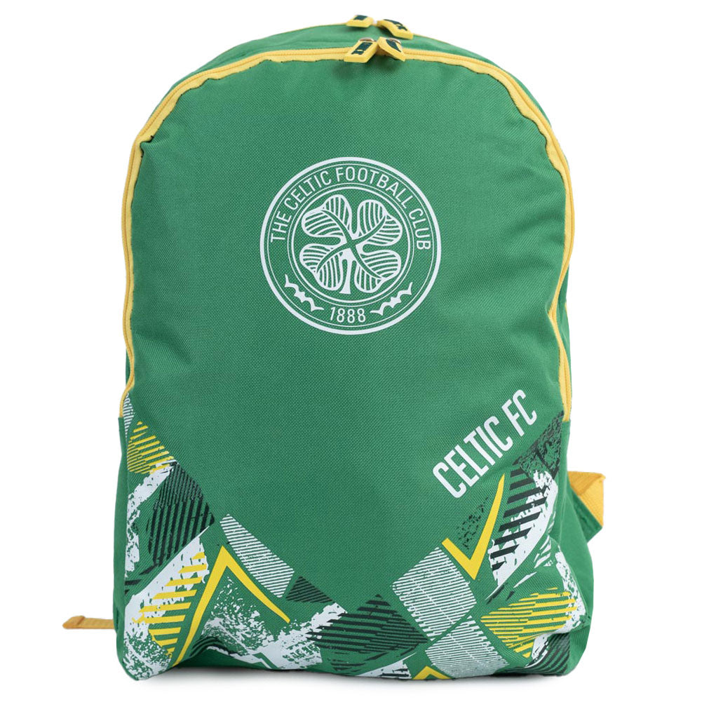 Vibrant green Vector design backpack with white Celtic text and crest on the front 