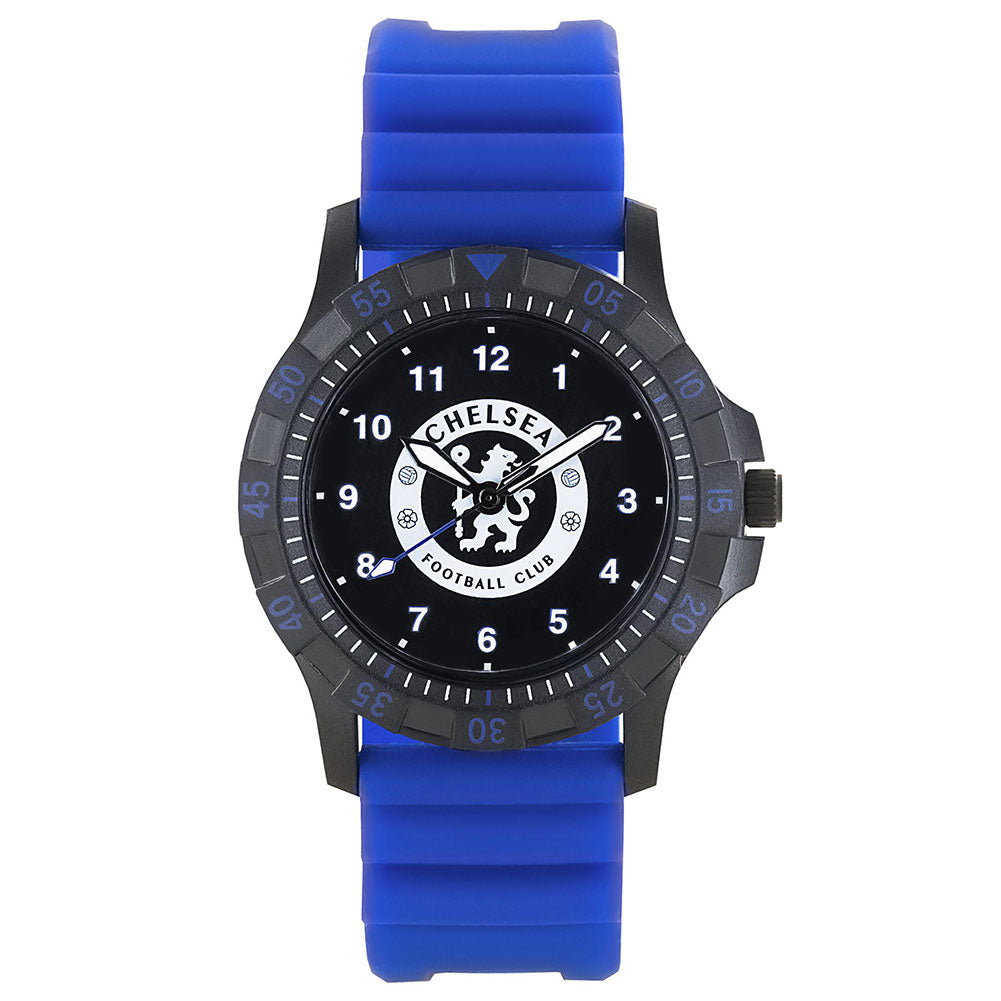 Black metal watch with a vibrant pantone blue silicone strap and a black stainless steel face and buckle